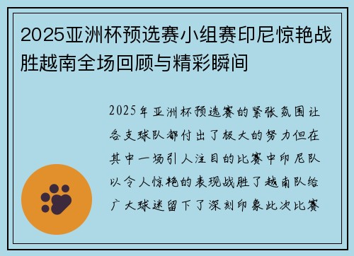 2025亚洲杯预选赛小组赛印尼惊艳战胜越南全场回顾与精彩瞬间